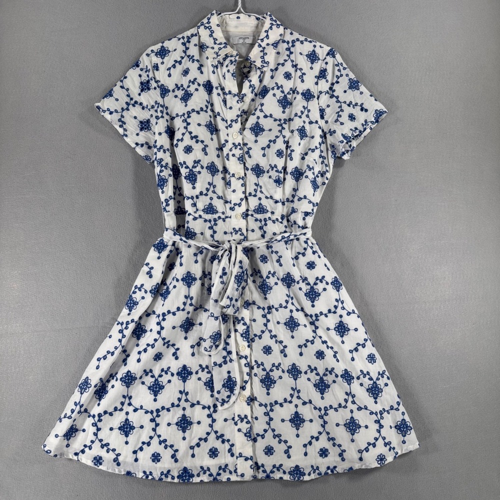 UNTUCKit Womens 6 Blue White Floral Eyelet Embroidery Belted Shirt Dress Skater